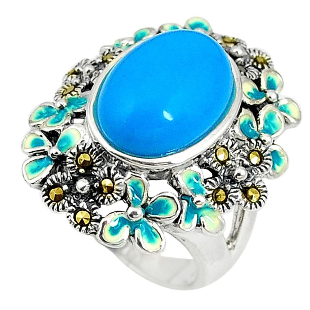 Blue sleeping beauty turquoise marcasite enamel 925 silver ring size 6.5 c16030