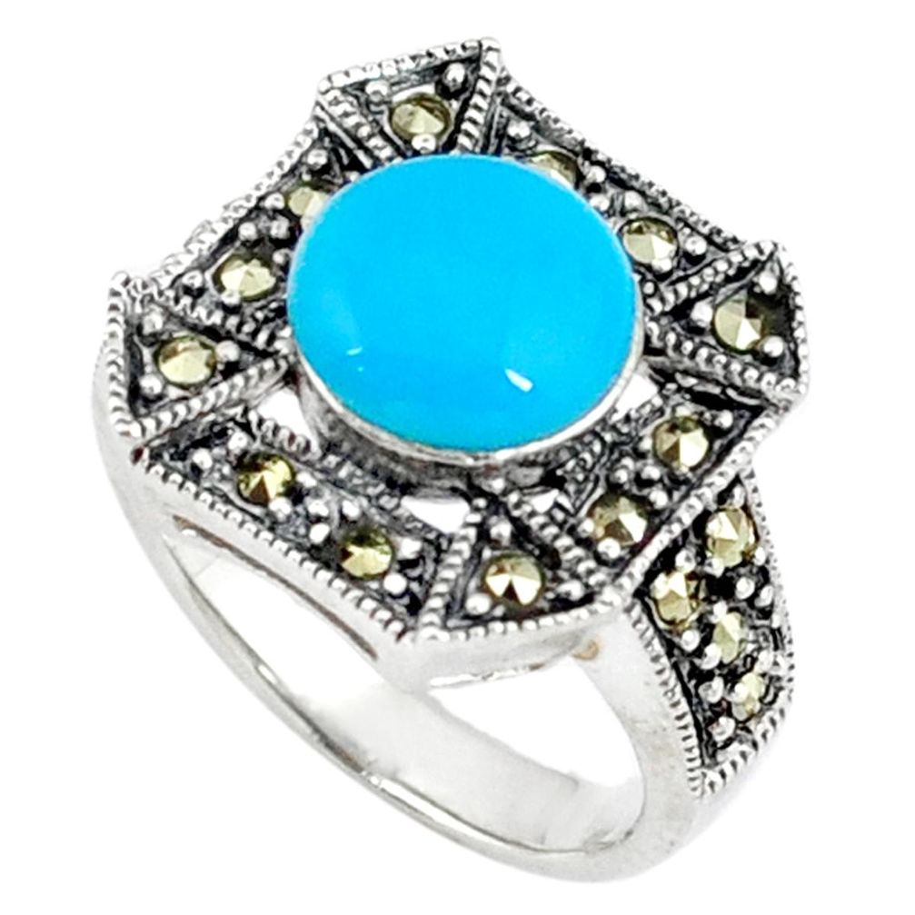 Blue sleeping beauty turquoise marcasite round 925 silver ring size 6 c17313