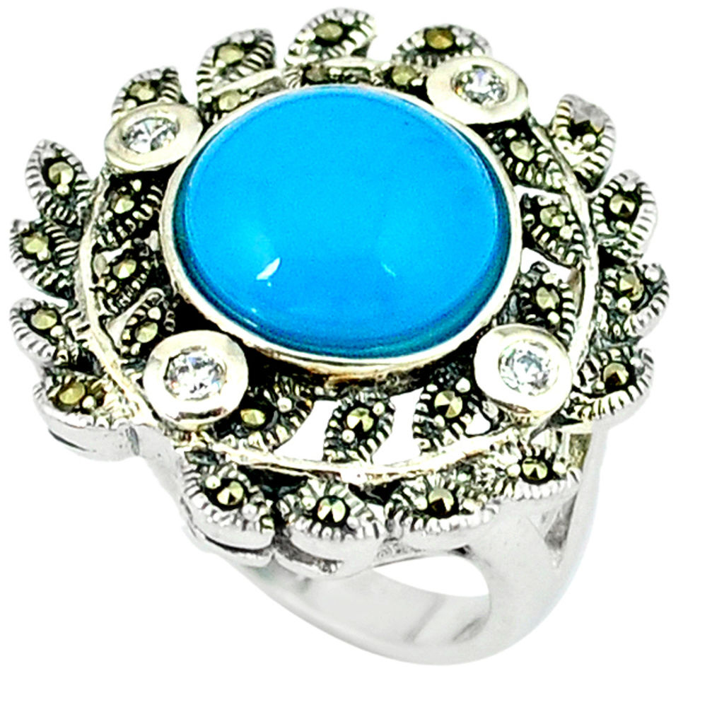 6.42cts blue sleeping beauty turquoise marcasite 925 silver ring size 6.5 c18557