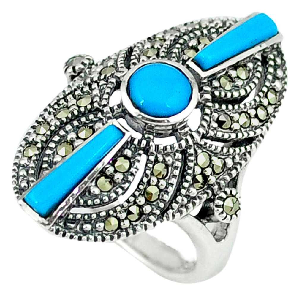 3.73cts blue sleeping beauty turquoise marcasite 925 silver ring size 5.5 c18725