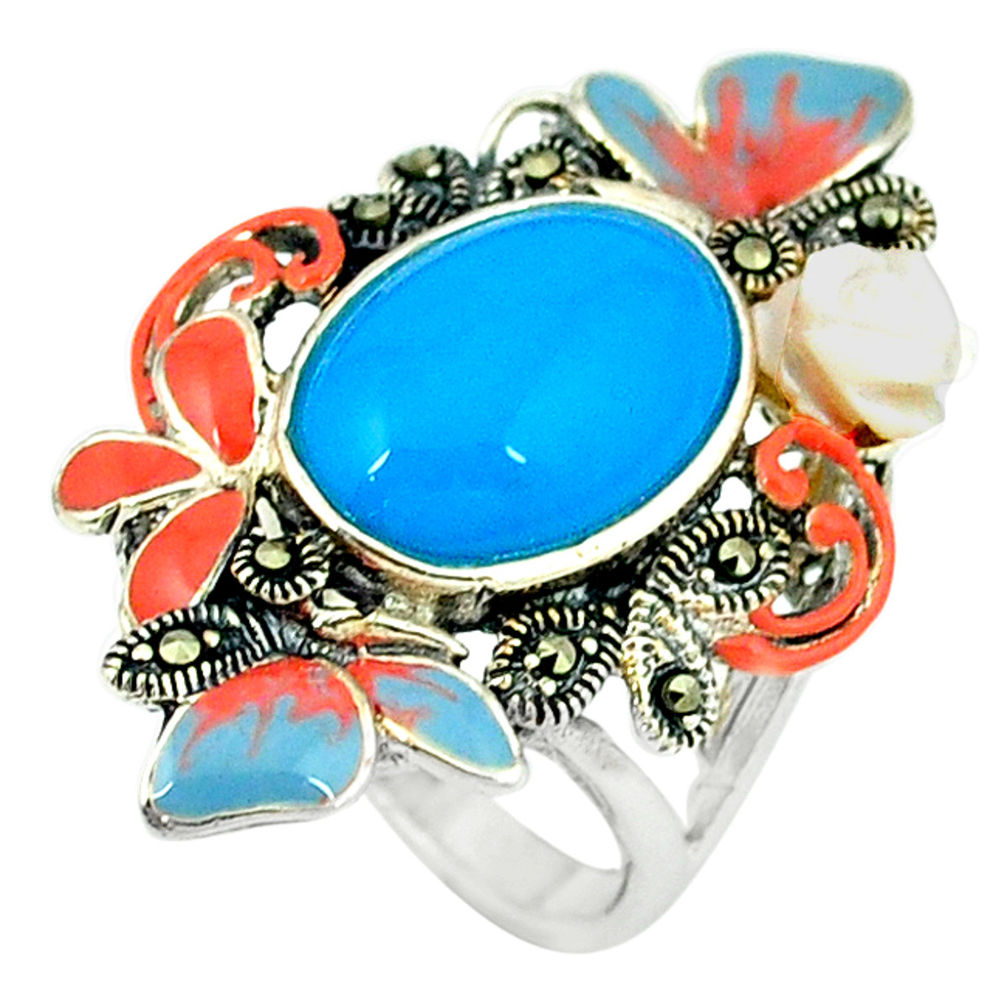6.73cts blue sleeping beauty turquoise marcasite 925 silver ring size 5.5 c18562