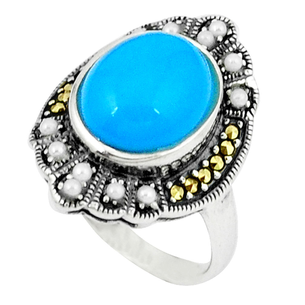 4.59cts blue sleeping beauty turquoise marcasite 925 silver ring size 7.5 c18722