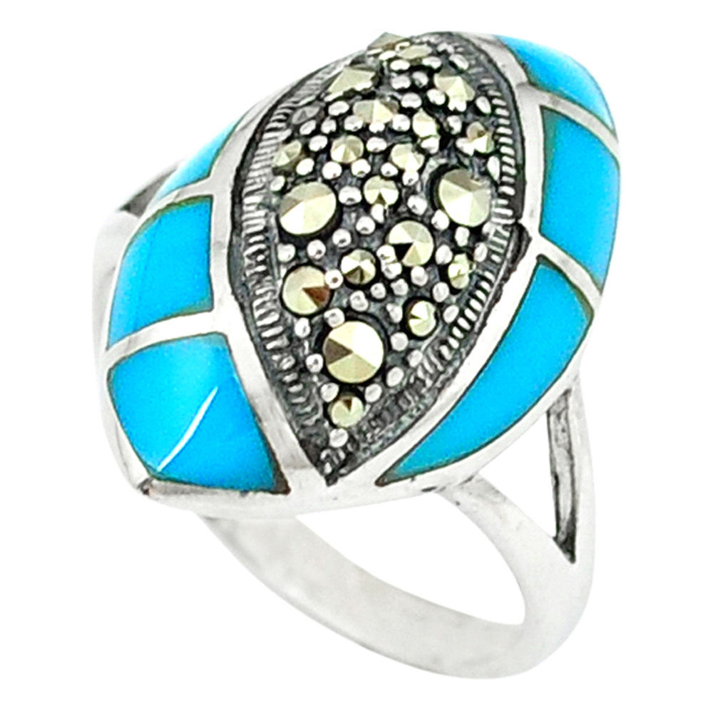 6.32cts blue sleeping beauty turquoise marcasite 925 silver ring size 6.5 c18755