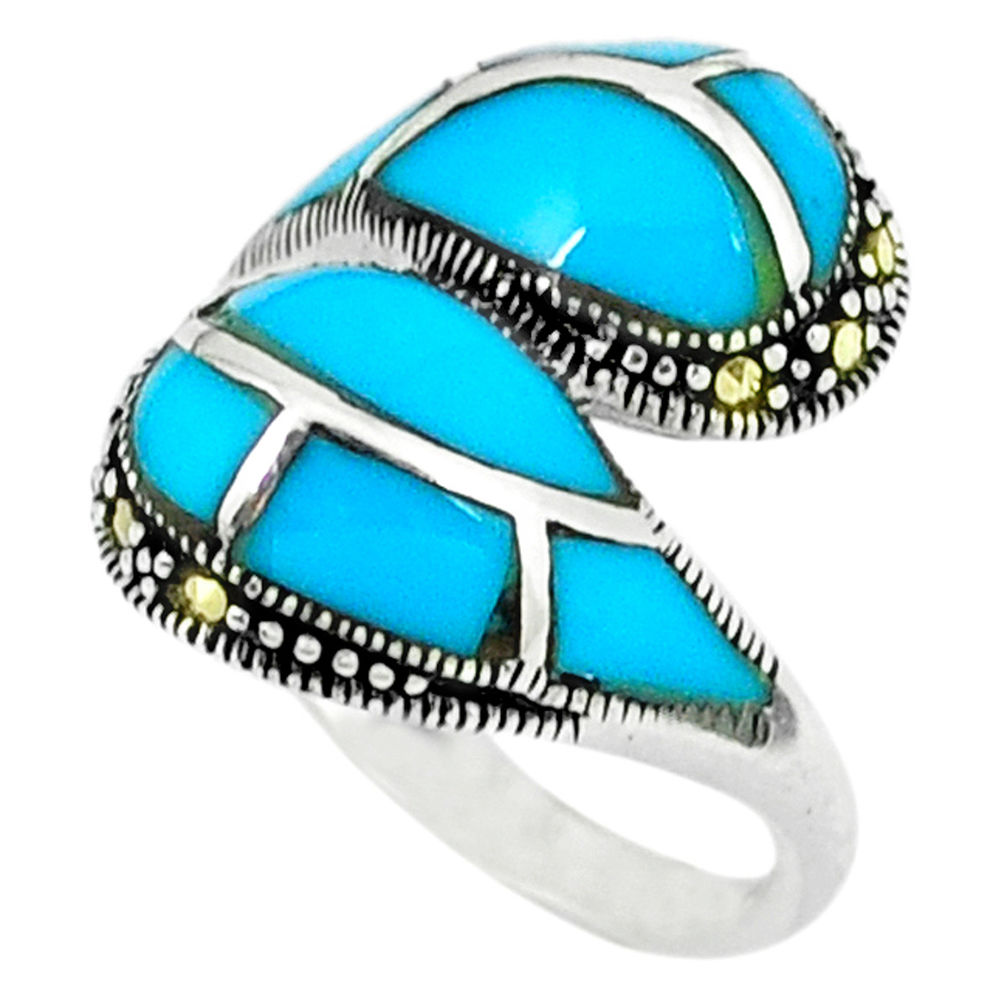 4.84cts blue sleeping beauty turquoise marcasite 925 silver ring size 6.5 c18663