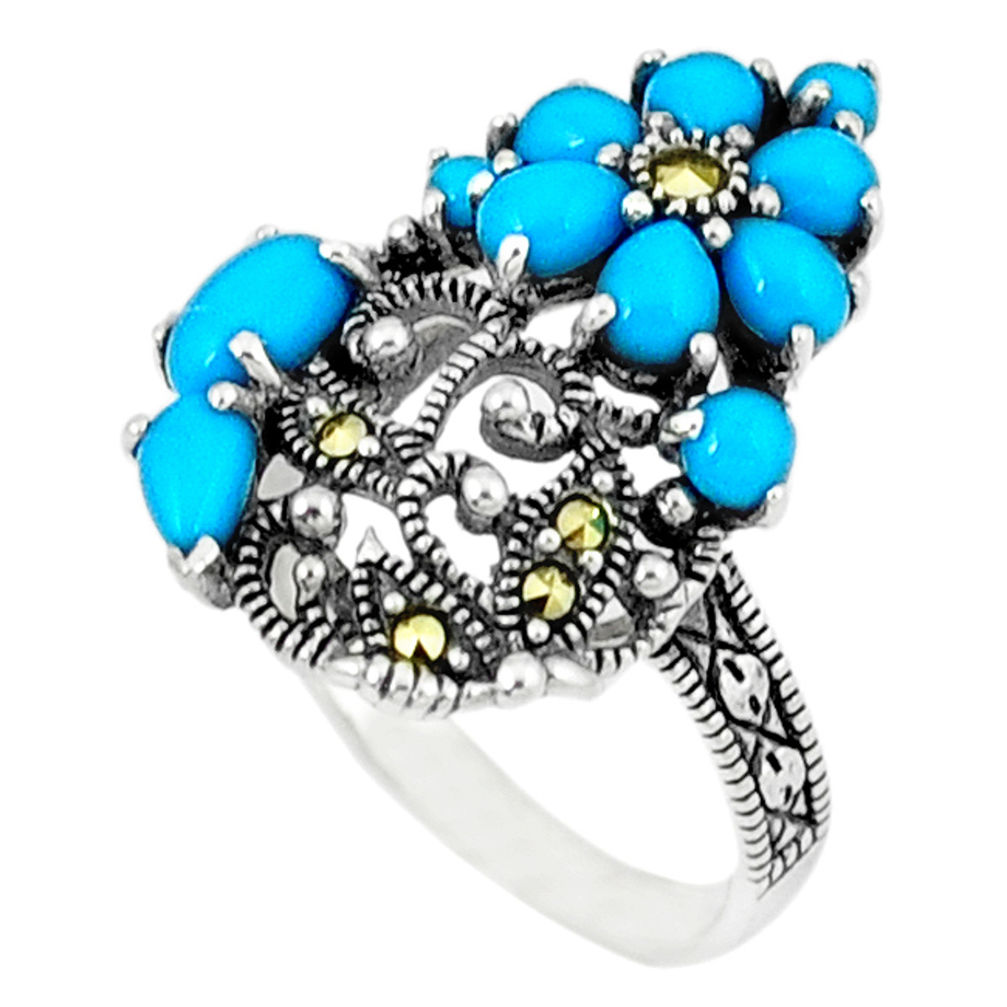 3.16cts blue sleeping beauty turquoise marcasite 925 silver ring size 6.5 c18736