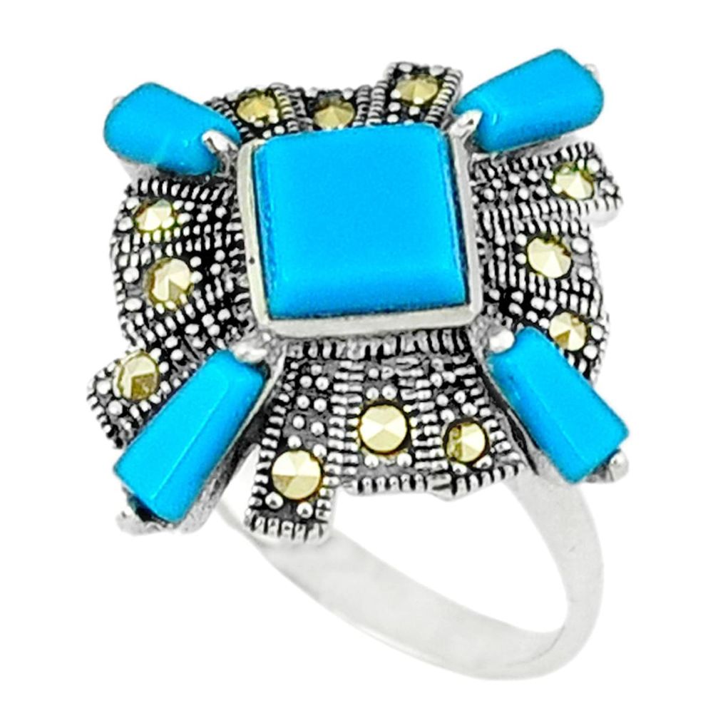 5.06cts blue sleeping beauty turquoise marcasite 925 silver ring size 7.5 c16380