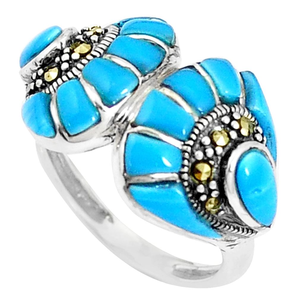 6.83cts blue sleeping beauty turquoise marcasite 925 silver ring size 6.5 c16120