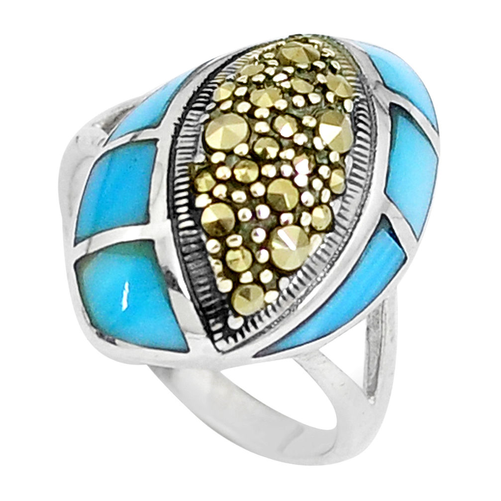 5.52cts blue sleeping beauty turquoise marcasite 925 silver ring size 6.5 c16392