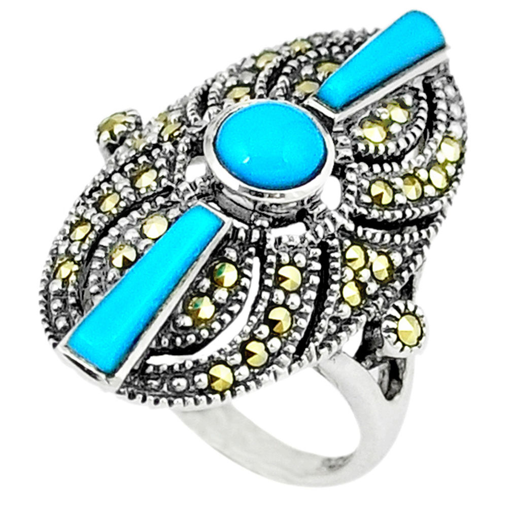 3.85cts blue sleeping beauty turquoise marcasite 925 silver ring size 6 c16411