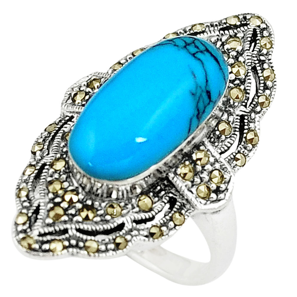 Sleeping beauty turquoise marcasite 925 silver solitaire ring size 7 c17499