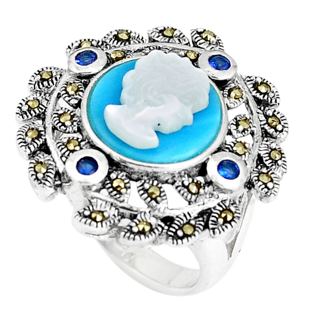 Sleeping beauty turquoise sapphire (lab) silver lady face ring size 7 c16046