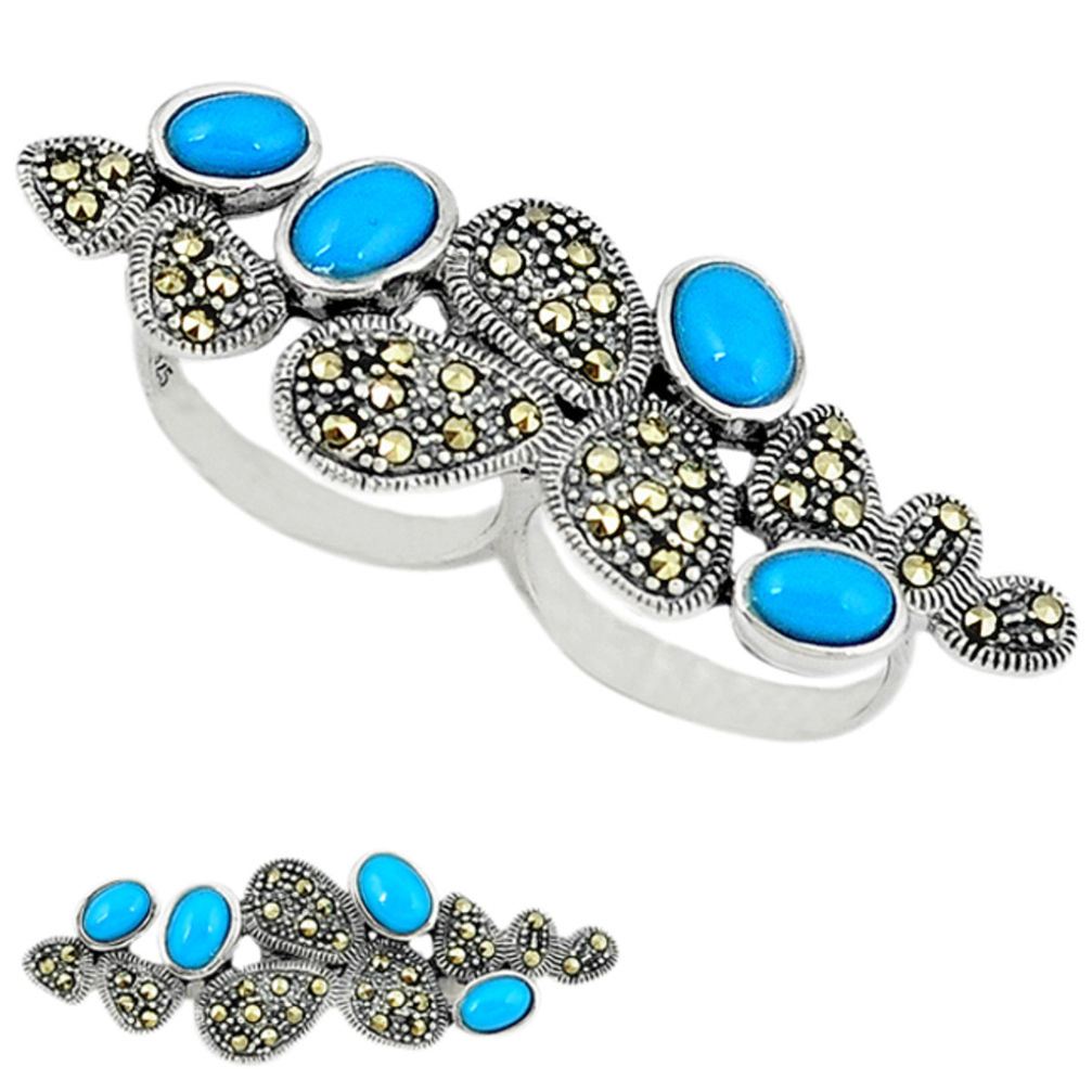 Blue sleeping beauty turquoise 925 silver two finger couple ring size 5.5 c18617