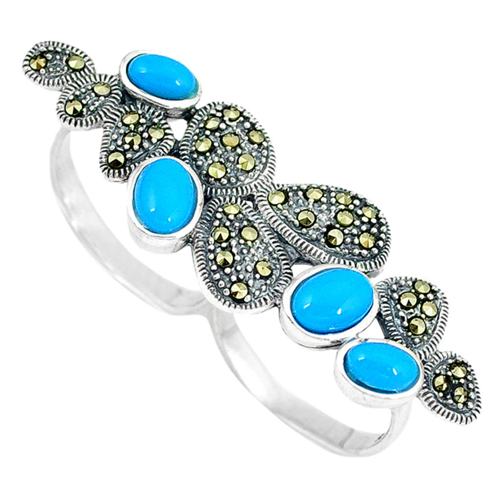 Blue sleeping beauty turquoise 925 silver two finger couple ring size 7.5 c16010
