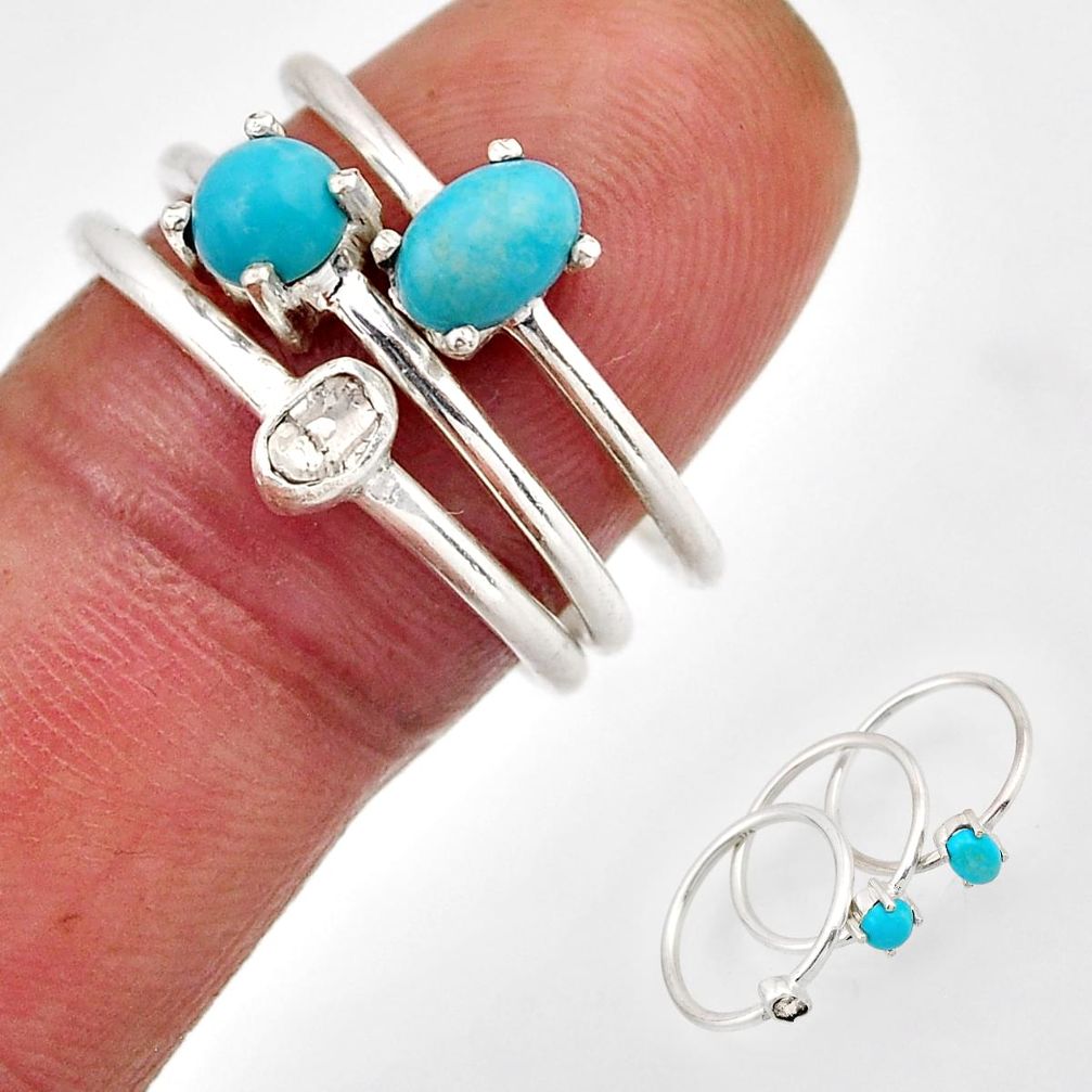 Sleeping beauty turquoise uncut diamond flat 925 silver 3 rings size 7.5 n3726