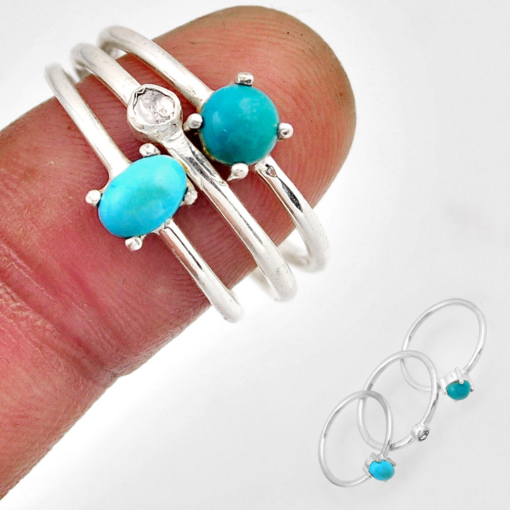 Sleeping beauty turquoise uncut diamond flat 925 silver 3 rings size 7.5 n3728