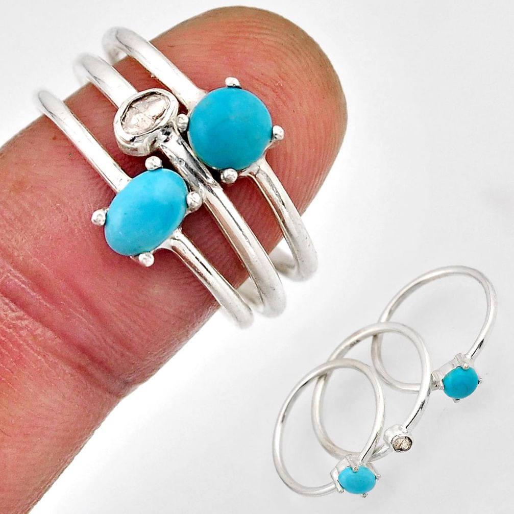 Sleeping beauty turquoise uncut diamond flat oval silver 3 rings size 7.5 n3729
