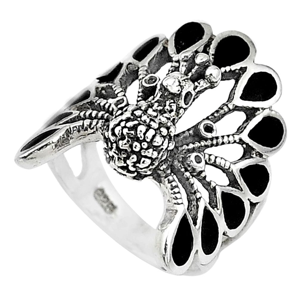 6.26gms solitaire black onyx 925 silver peacock ring jewelry size 5.5 t10348