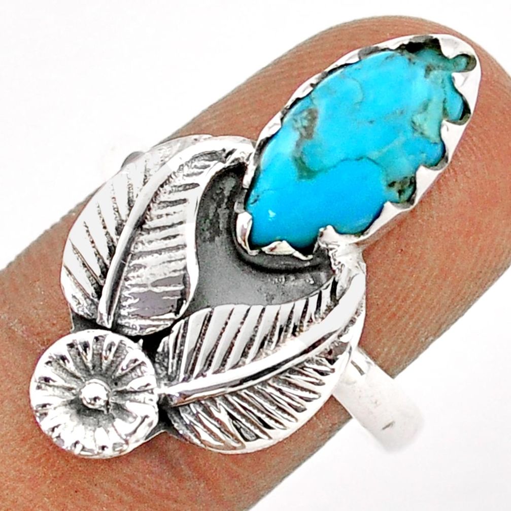 5.84cts solitaire blue arizona mohave turquoise silver flower ring size 9 t86643