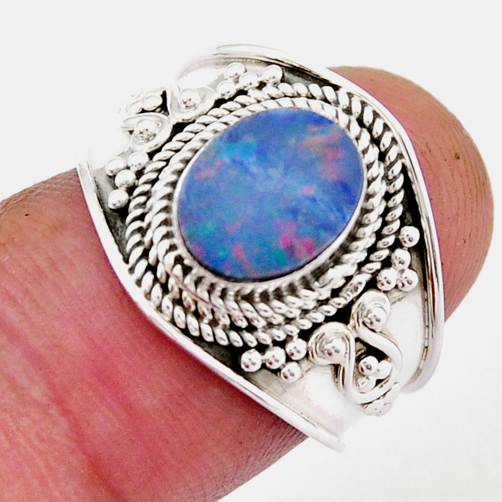 1.73cts solitaire blue australian opal (lab) 925 silver ring size 6.5 y31778