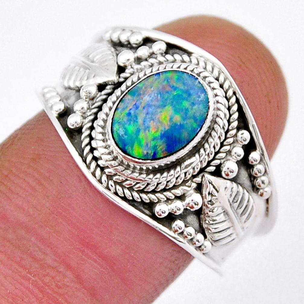 1.41cts solitaire blue australian opal (lab) 925 silver ring size 8.5 y31814