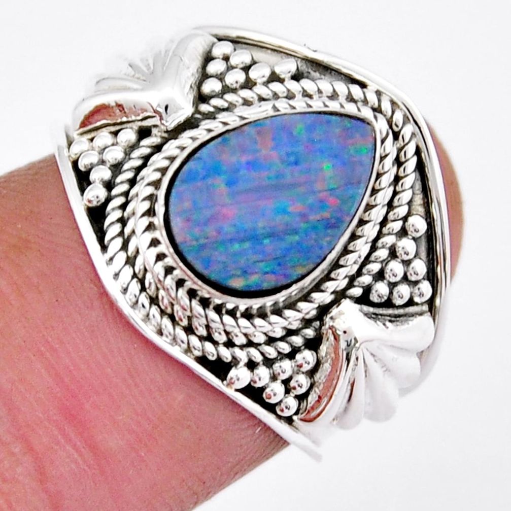 1.94cts solitaire blue australian opal (lab) 925 silver ring size 6.5 y31816