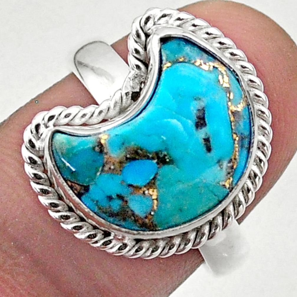 5.81cts solitaire blue copper turquoise 925 silver moon ring size 8 t47690