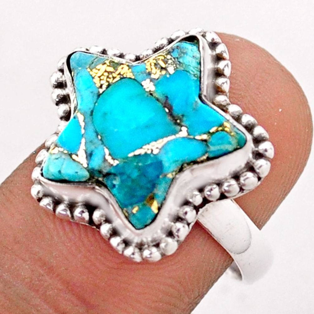 7.17cts solitaire blue copper turquoise 925 silver star fish ring size 7 t76101