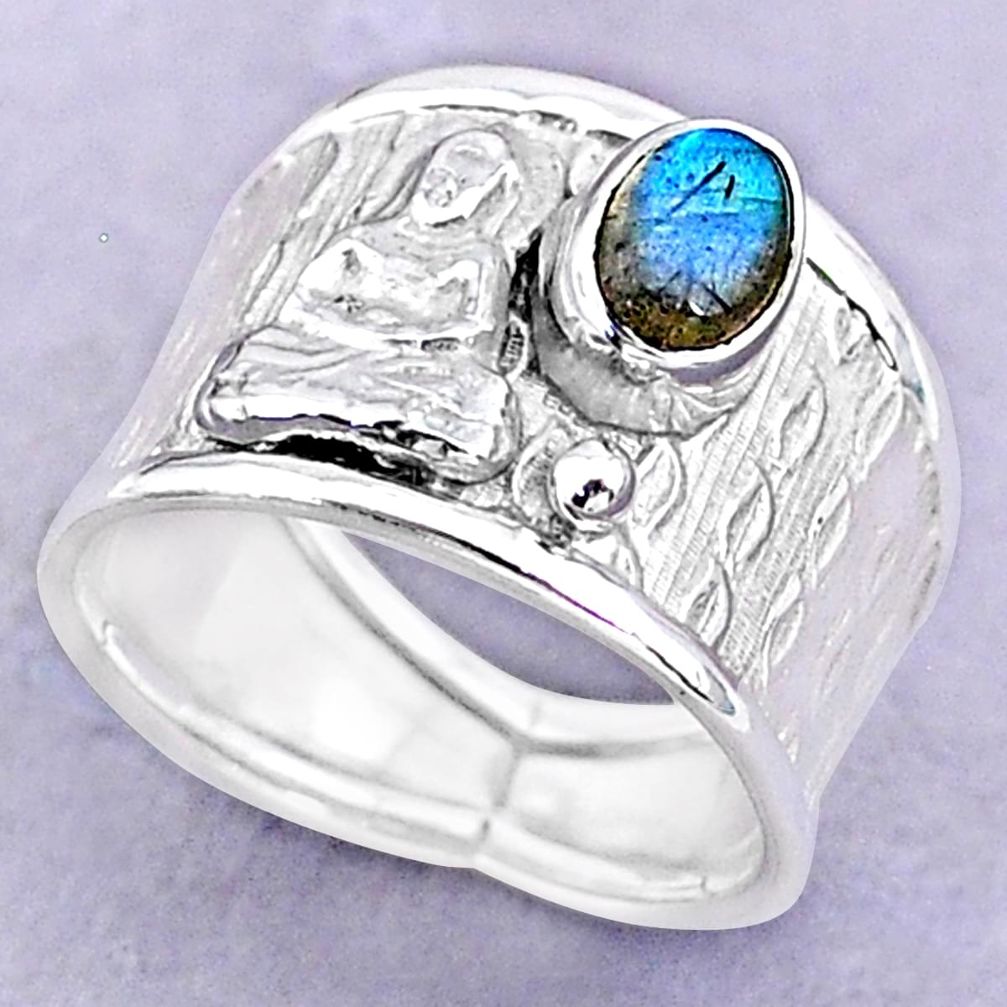 1.51cts solitaire blue labradorite silver buddha meditation ring size 8 t32435
