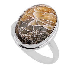 12.93cts solitaire brown dinosaur bone fossilized silver ring size 8.5 n40132