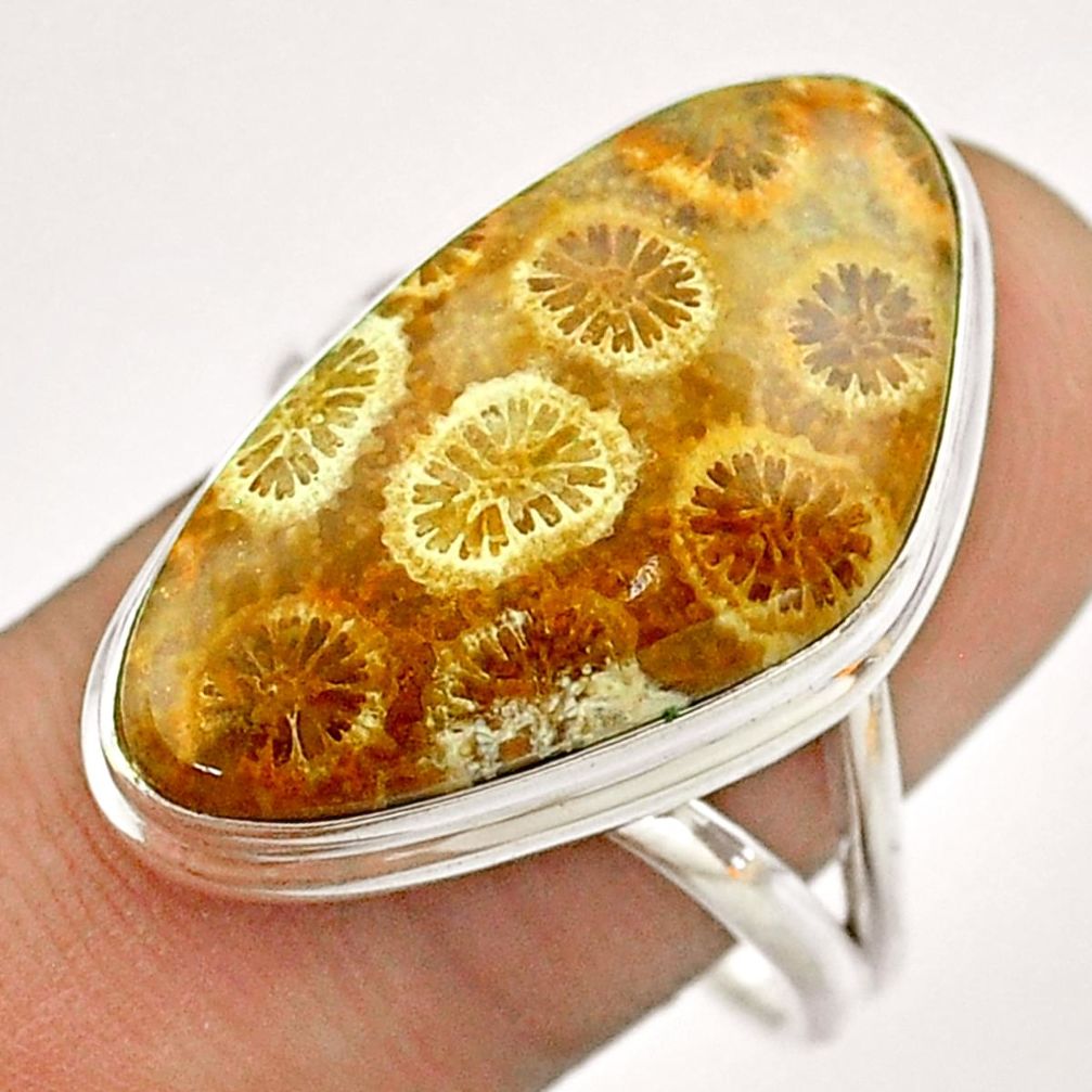 16.54cts solitaire brown fossil coral petoskey stone silver ring size 10 t54367