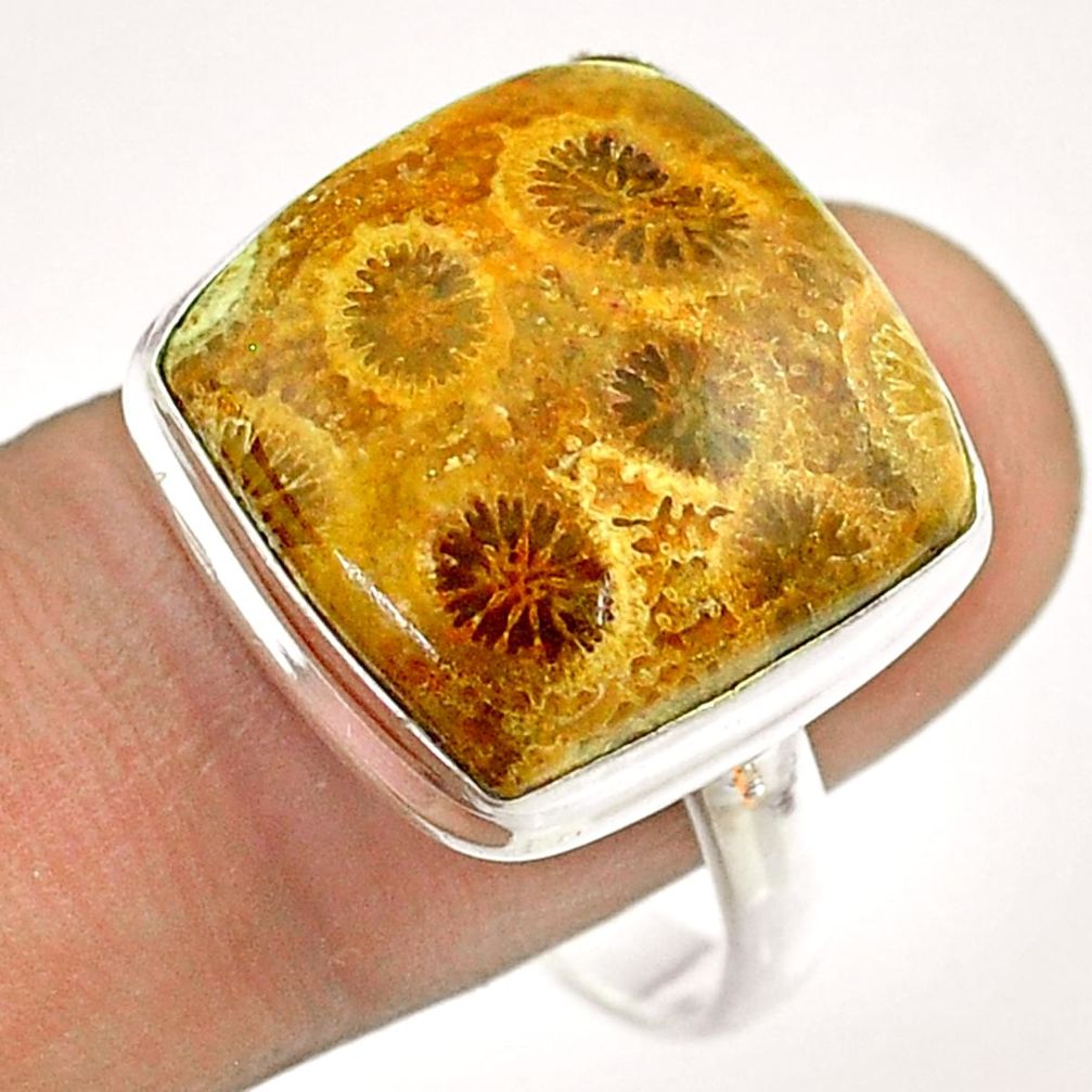 16.65cts solitaire brown fossil coral petoskey stone silver ring size 11 t54363