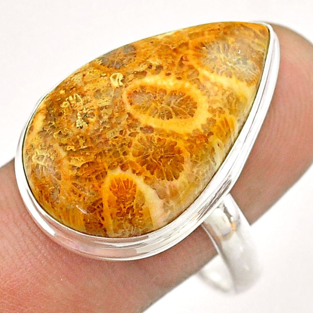 17.16cts solitaire brown fossil coral petoskey stone silver ring size 11 t54371