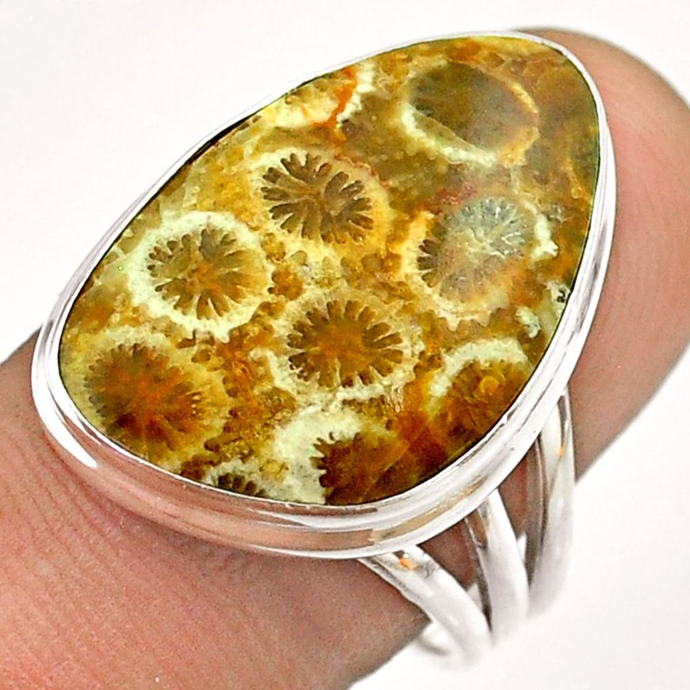 14.70cts solitaire brown fossil coral petoskey stone silver ring size 9 t54361