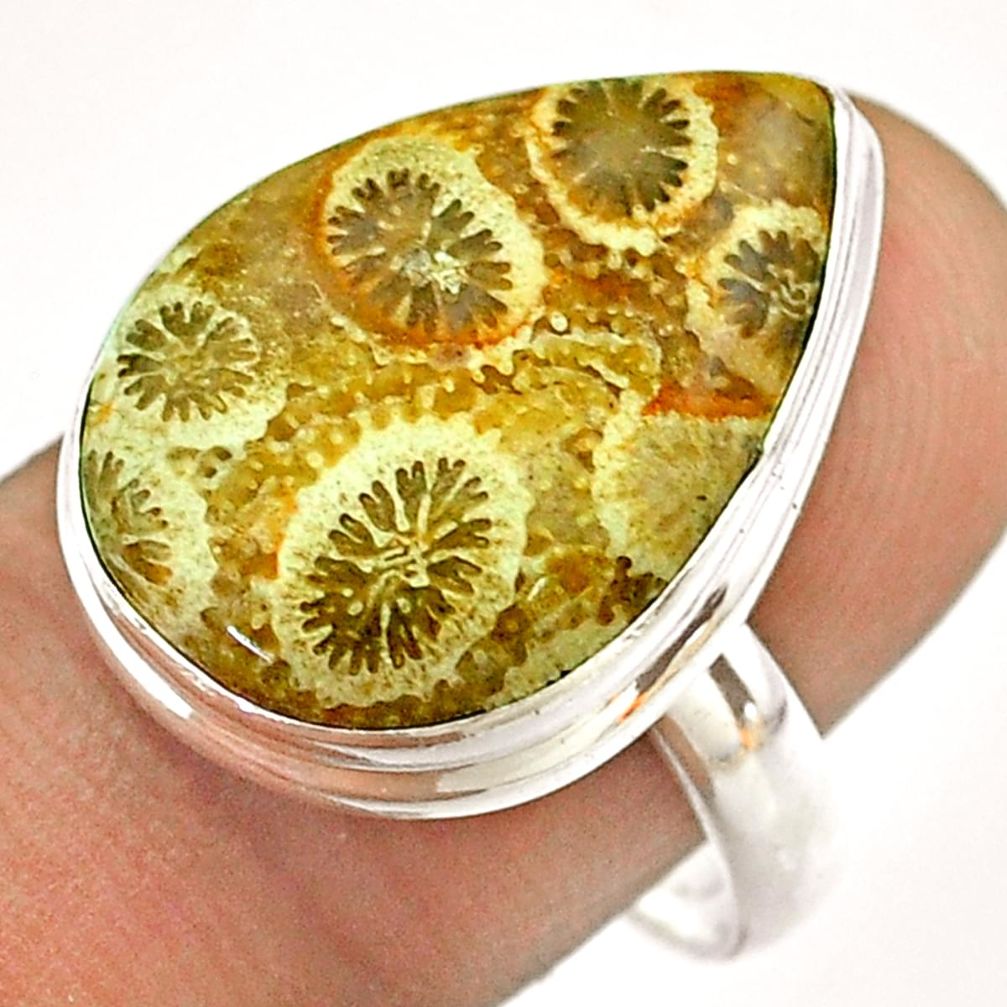 14.90cts solitaire brown fossil coral petoskey stone silver ring size 9 t54365