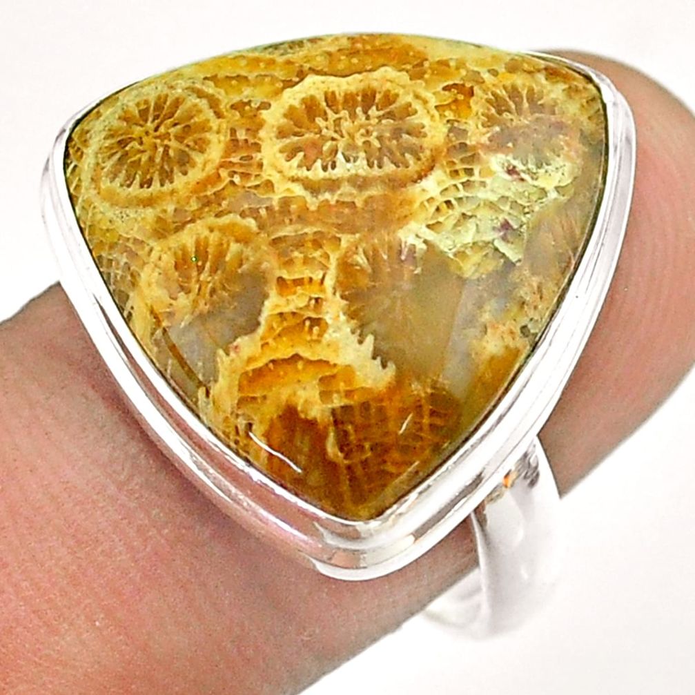 15.85cts solitaire brown fossil coral petoskey stone silver ring size 9 t54368