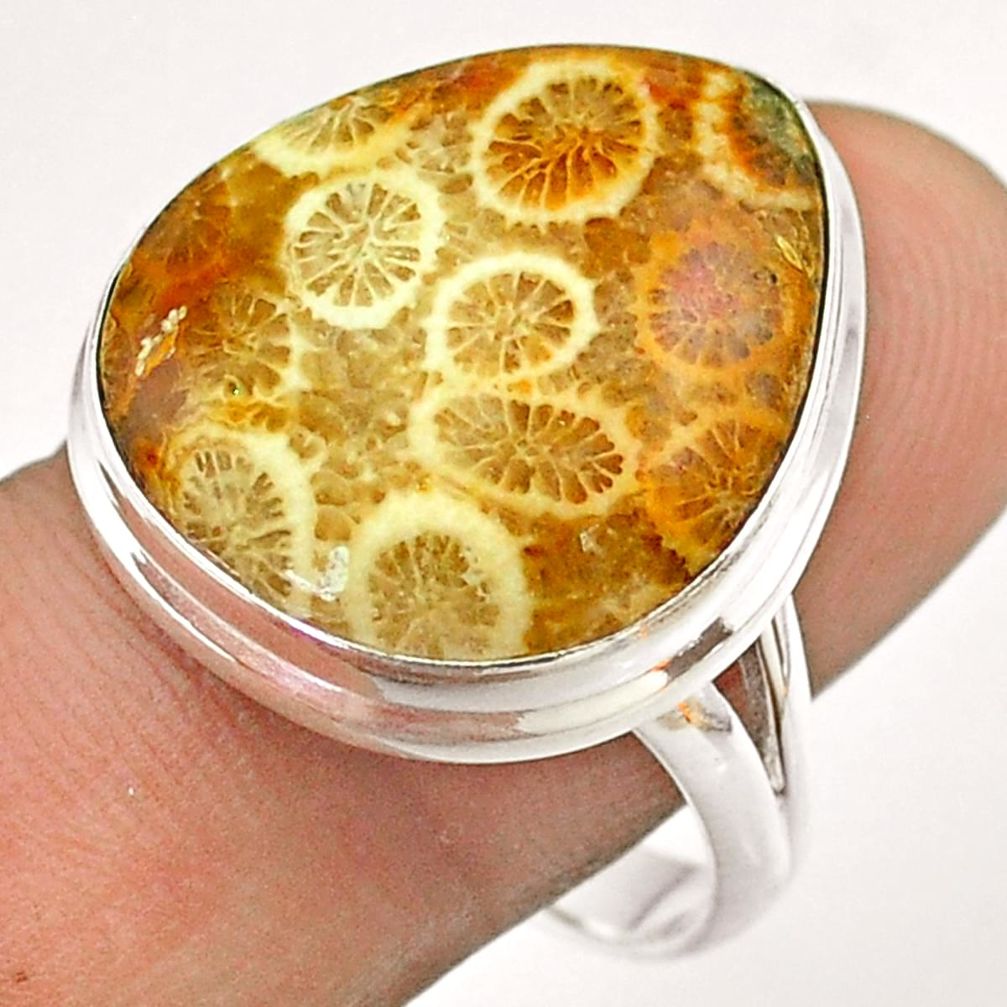 17.18cts solitaire brown fossil coral petoskey stone silver ring size 9 t54379