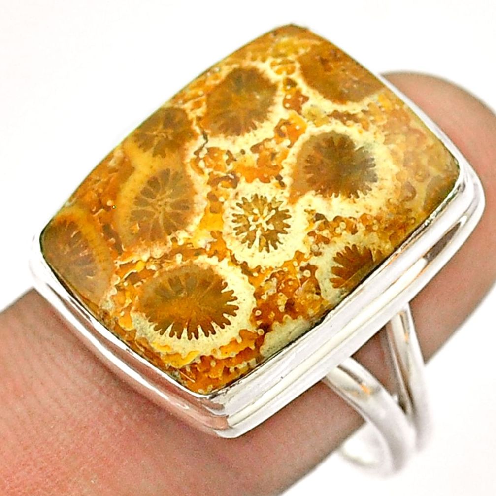 16.54cts solitaire brown fossil coral petoskey stone silver ring size 9.5 t54366