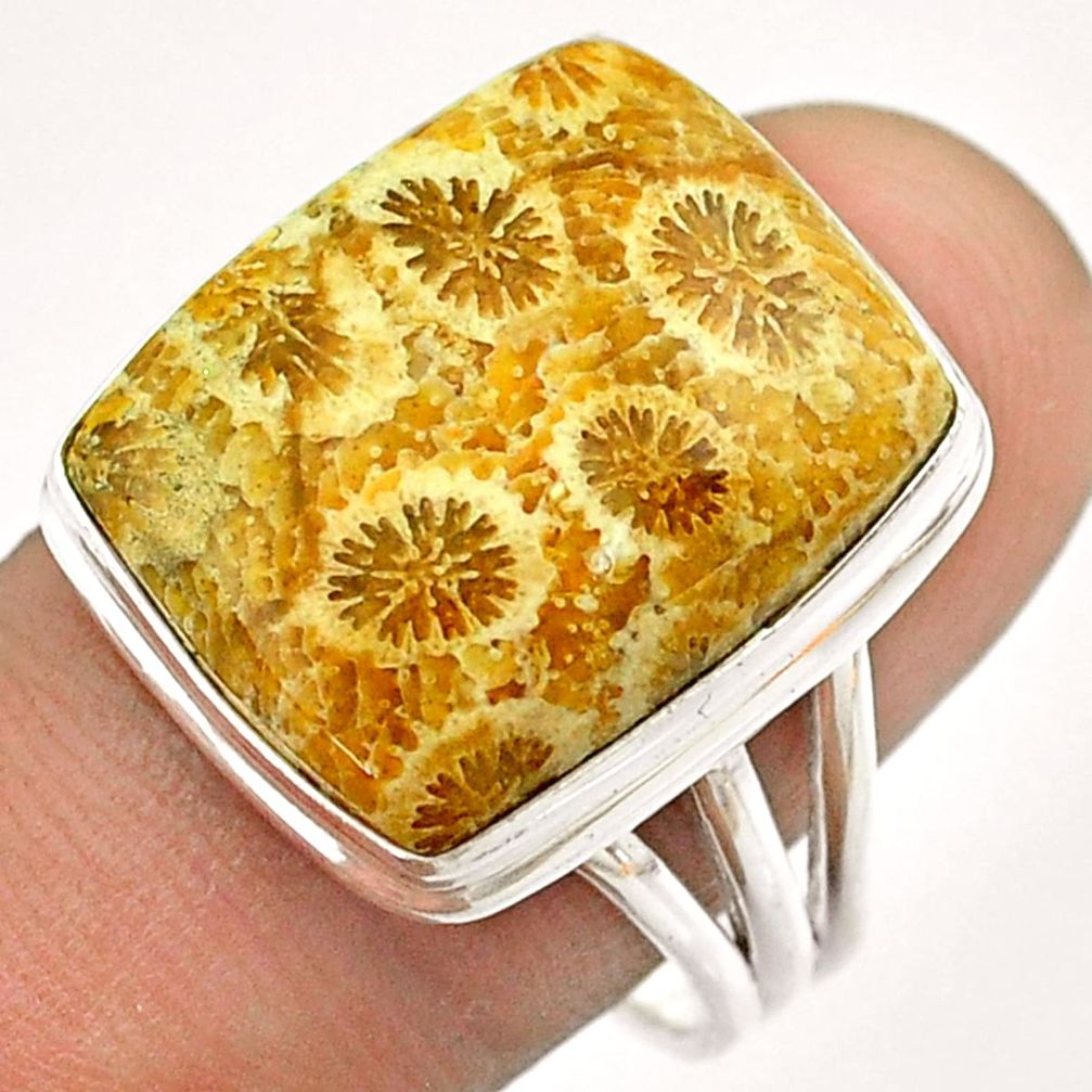 16.17cts solitaire brown fossil coral petoskey stone silver ring size 9.5 t54378