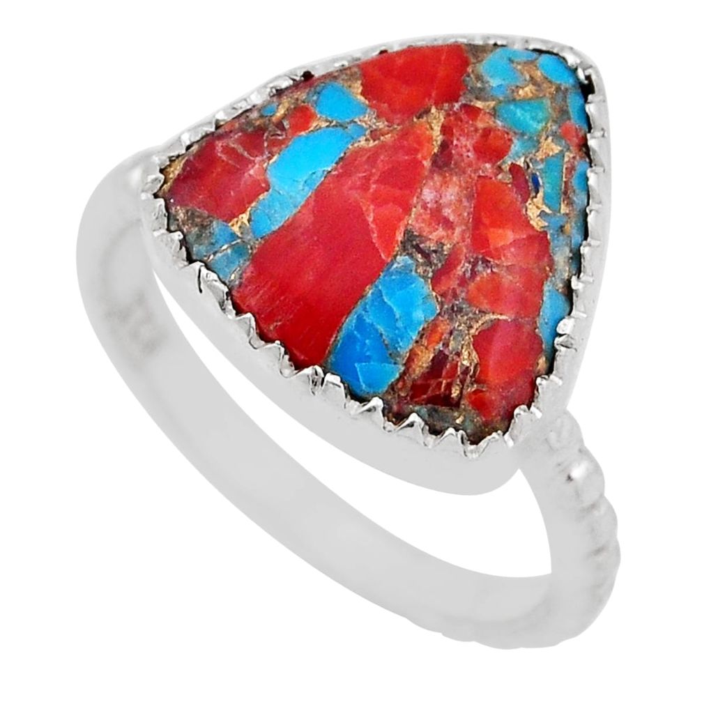 7.64cts solitaire coral matrix turquoise trillion silver ring size 7.5 n44474