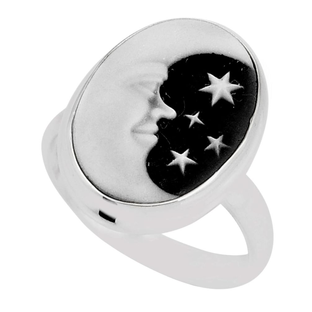 10.31cts solitaire crescent moon star cameo oval 925 silver ring size 9 y49548