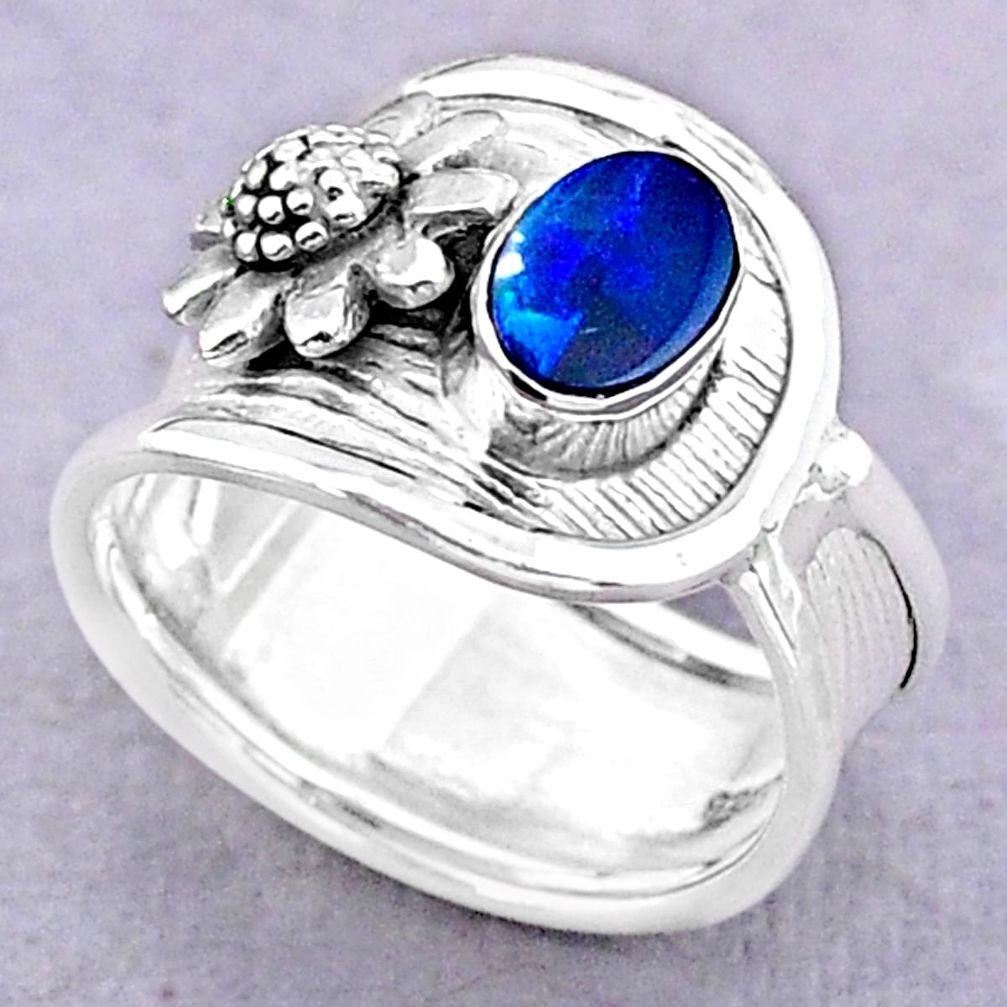 1.22cts solitaire doublet opal australian 925 silver flower ring size 7 t32474