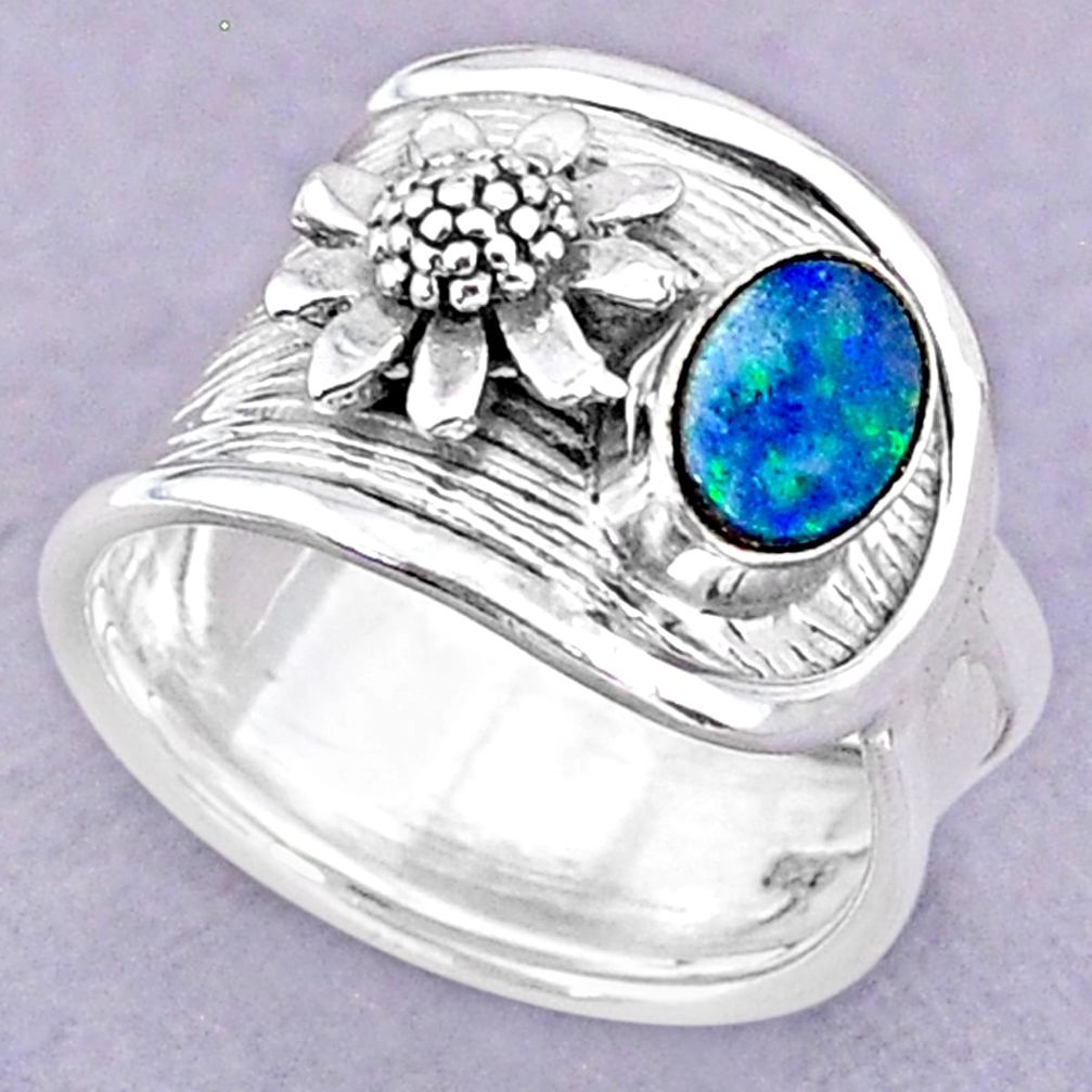 0.97cts solitaire doublet opal australian 925 silver flower ring size 7.5 t32482