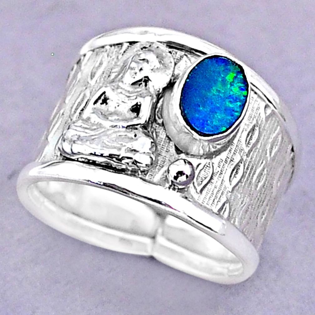 Solitaire doublet opal australian silver buddha meditation ring size 7.5 t32485