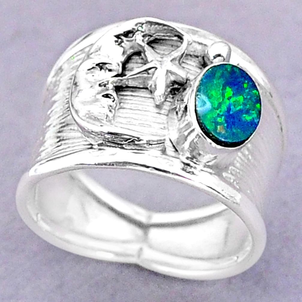 Solitaire doublet opal australian silver crescent moon star ring size 7 t32492