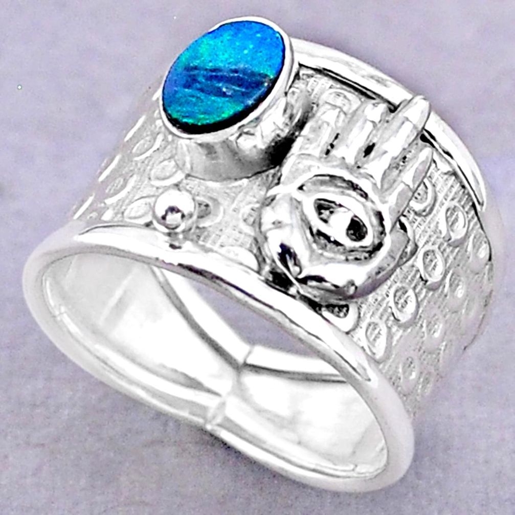 Solitaire doublet opal australian silver hand of god hamsa ring size 8 t32470