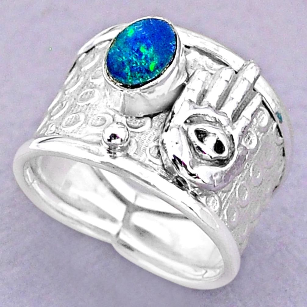 Solitaire doublet opal australian silver hand of god hamsa ring size 6.5 t32490