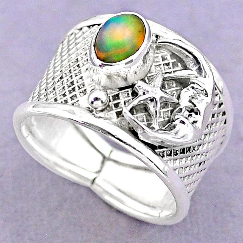 1.51cts solitaire ethiopian opal silver crescent moon star ring size 7.5 t32367