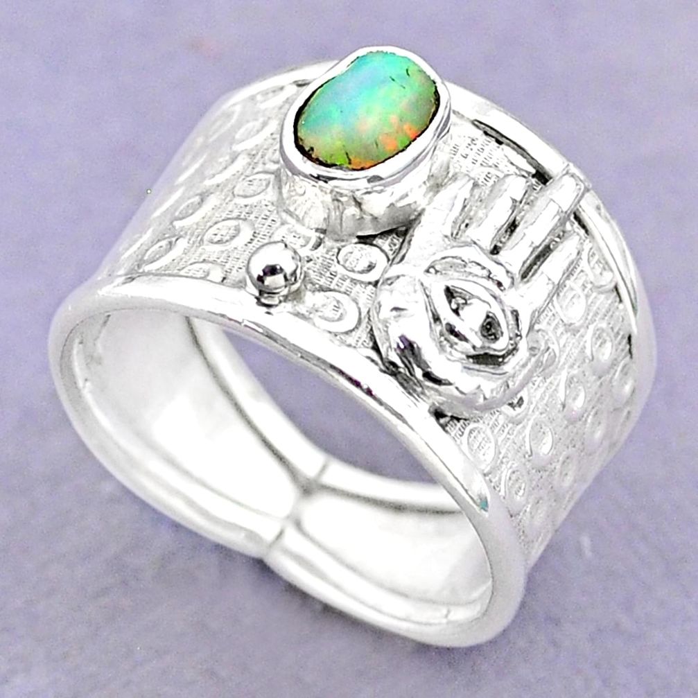 1.57cts solitaire ethiopian opal silver hand of god hamsa ring size 8.5 t32357