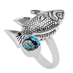 1.05cts solitaire fine blue turquoise round 925 silver fish ring size 7.5 n38601
