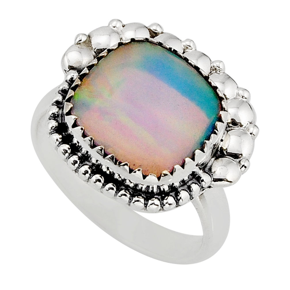 4.02cts solitaire fine volcano aurora opal cushion silver ring size 8.5 y76223